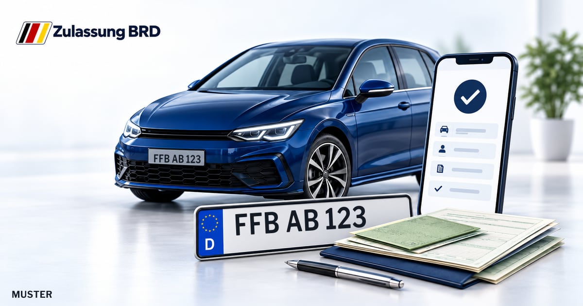 Online Fahrzeugzulassung in Puchheim: Musterkennzeichen FFB AB 123, Auto und Fahrzeugpapiere und Smartphone. Illustration mit Logo von Zulassung BRD.